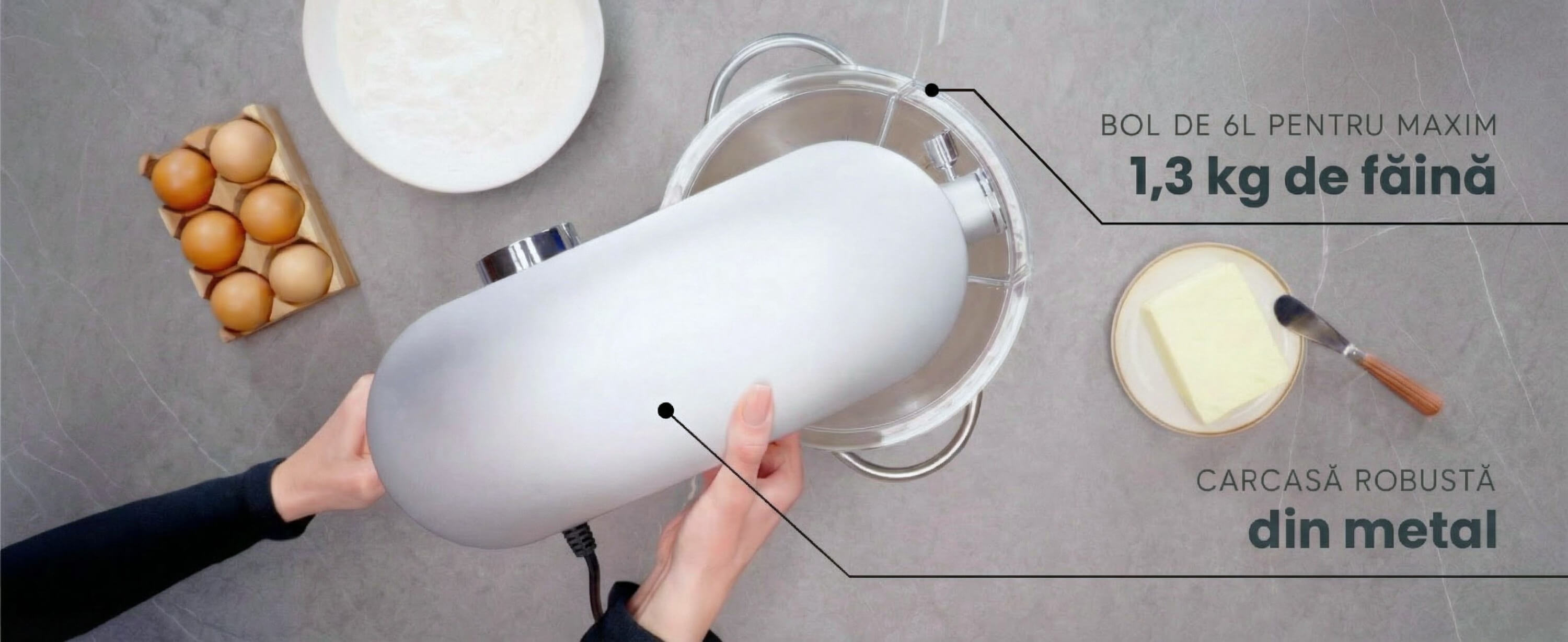 Mixer cu bol de 6 L din inox, 1800 W, 2 kg aluat, carcasă aluminiu, 10 viteze, timer, 3 accesorii inox, MB-1800-NOVA, argintiu - 2